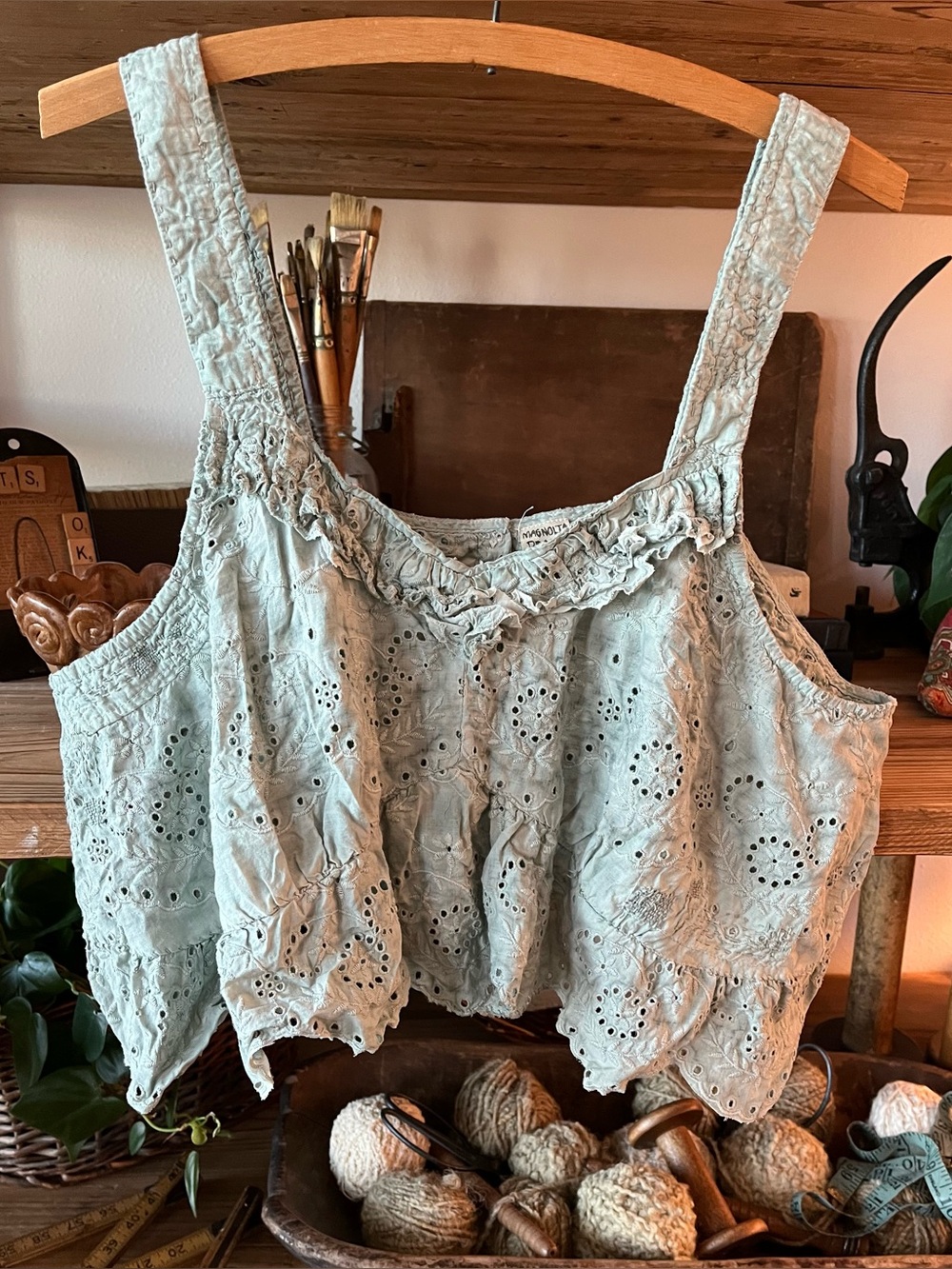 🌺 Magnolia Pearl Olive Eyelet Ruffle Cami